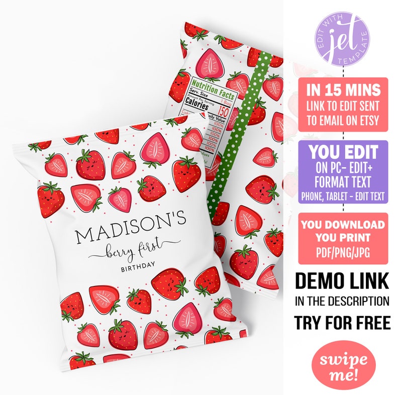 Berry First Chips Bag with Personalization, Cute Strawberry Birthday Party Favors Instant Access Editable with Jet Template MADY image 3