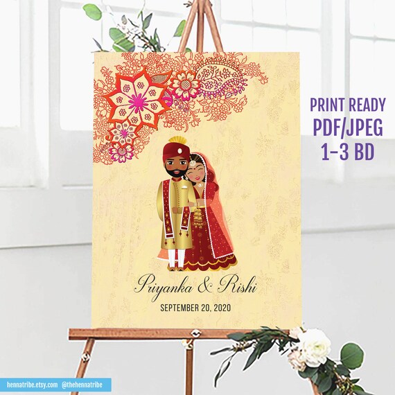 Pink Mehndi Decor With Bride And Groom Illustrations Indian Wedding Sign Hindu Wedding Decor Desi Diy Jpeg Pdf Priyanka By Nautech Inc Studio Catch My Party