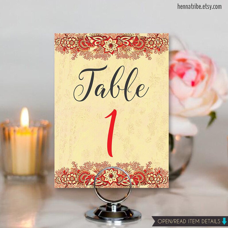 ARIA Hindu Wedding Table Numbers Instant DOWNLOAD Red Indian Wedding Decor Printable Numbers DIY 5x7 Numbers 1-40