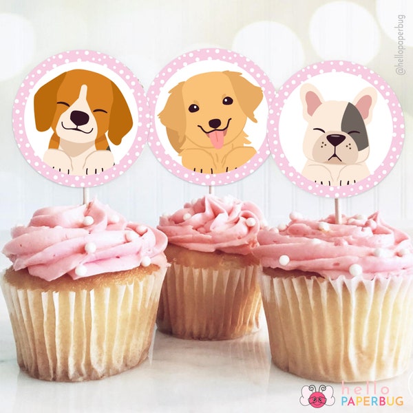 Lets Pawty Cupcake Toppers Dog Birthday Party Favors for Girls Puppy Adoption Favors Adopt A Pet Party Tags SA5