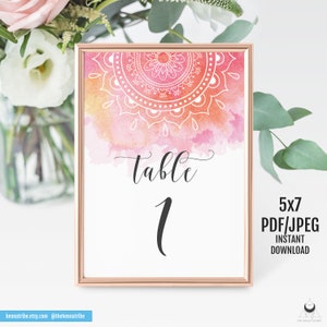Mariage imprimable de numéro de table, décor de mariage indien, décor de partie de Boho, numéros 5x7, cartes d'allocation des places de table, téléchargement immédiat | Anya