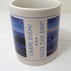 Vintage LEANIN TREE blue horses inspirational seize the day mug jim warren 1983