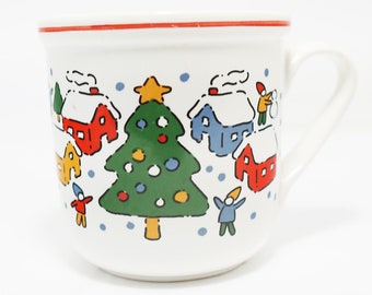 Vintage 90s Christmas Tree Mug: Snowy Village Scene
