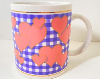 Vintage 1996 Gingham Mug: Purple Pink Hearts, Cottagecore Kawaii