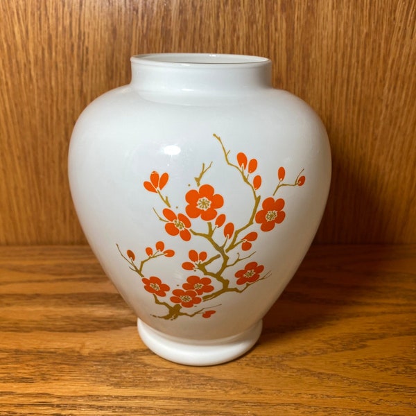 Pretty White Asisan Vase with orange cherry blossoms ginger jar vintage milk glass