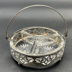 VTG Depression Glass Relish Candy Nut Dish Metal Carrier Etched Handled