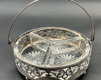 VTG Depression Glass Relish Candy Nut Dish Metal Carrier Etched Handled