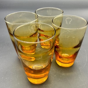 Set of 4 Vintage LIBBEY Golden Ripple Beverage Glasses Wave Tumblers Amber