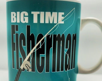 Vtg Big Time Fisherman Mug - Green & White - Fishing Pole - Extra Large Mug Ganz