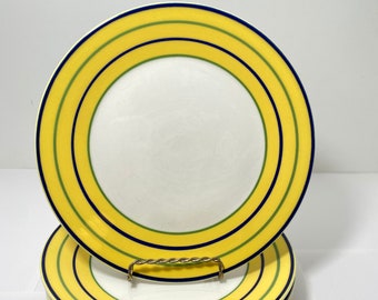 5 Pagnossin Treviso Ironstone Plates Italy Yellow Blue Green Stripes 8.25" salad plates