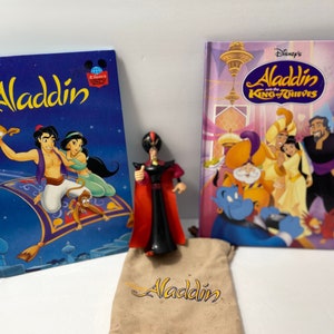 Vintage Lot of 4 Pcs Disney&#39;s Aladdin Books and Jafar Figurine 1990s