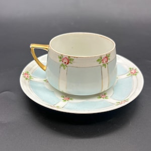 Vintage Hand Painted Nippon Teacup and Saucer: Blue, White, Gold Floral
