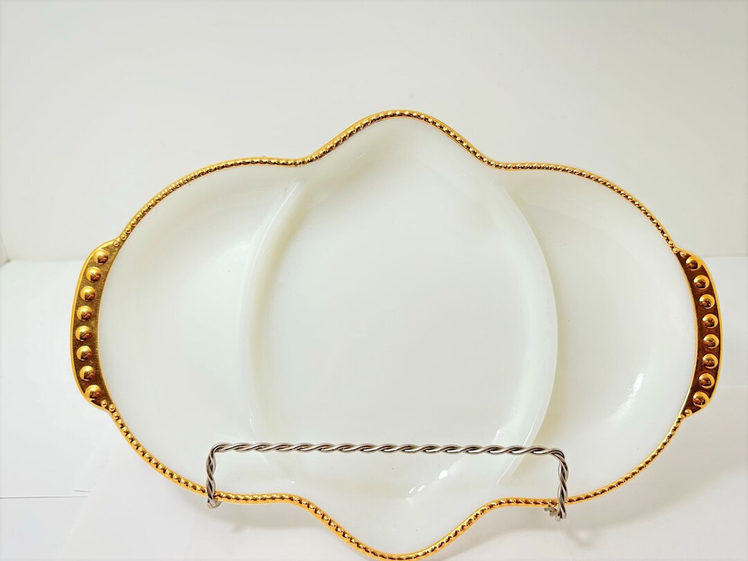 Fire-king White Milk Glass Divided Relish Dish With Gold Rim - Etsy