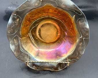 Vintage Jeanette Glass “Iris & Herringbone” Marigold Carnival Glass Large Serving Bowl 9.5