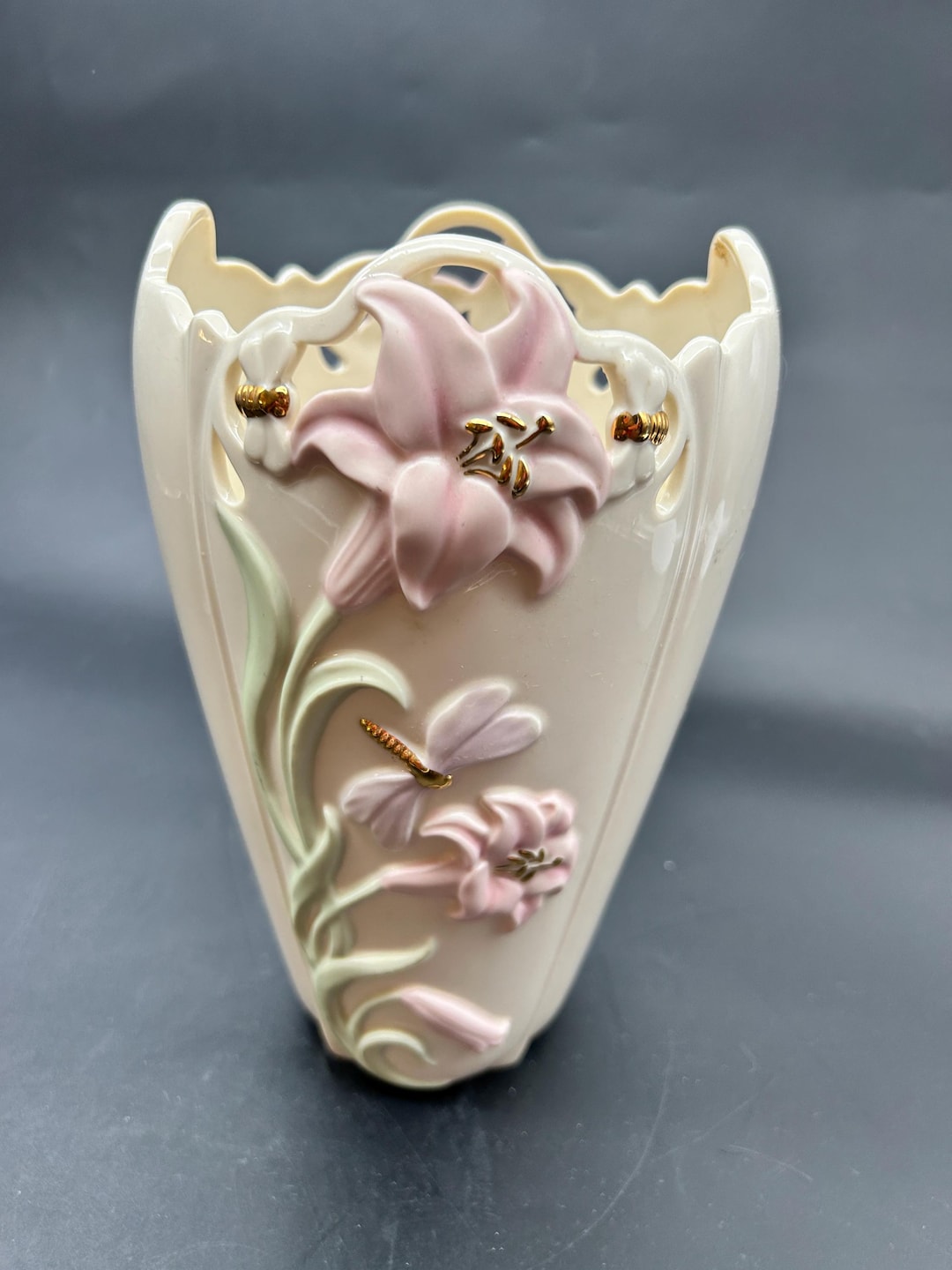 Gorgeous Vintage Lenox Vase in Lily Dragonfly Cream W Pink N Gold 24k ...