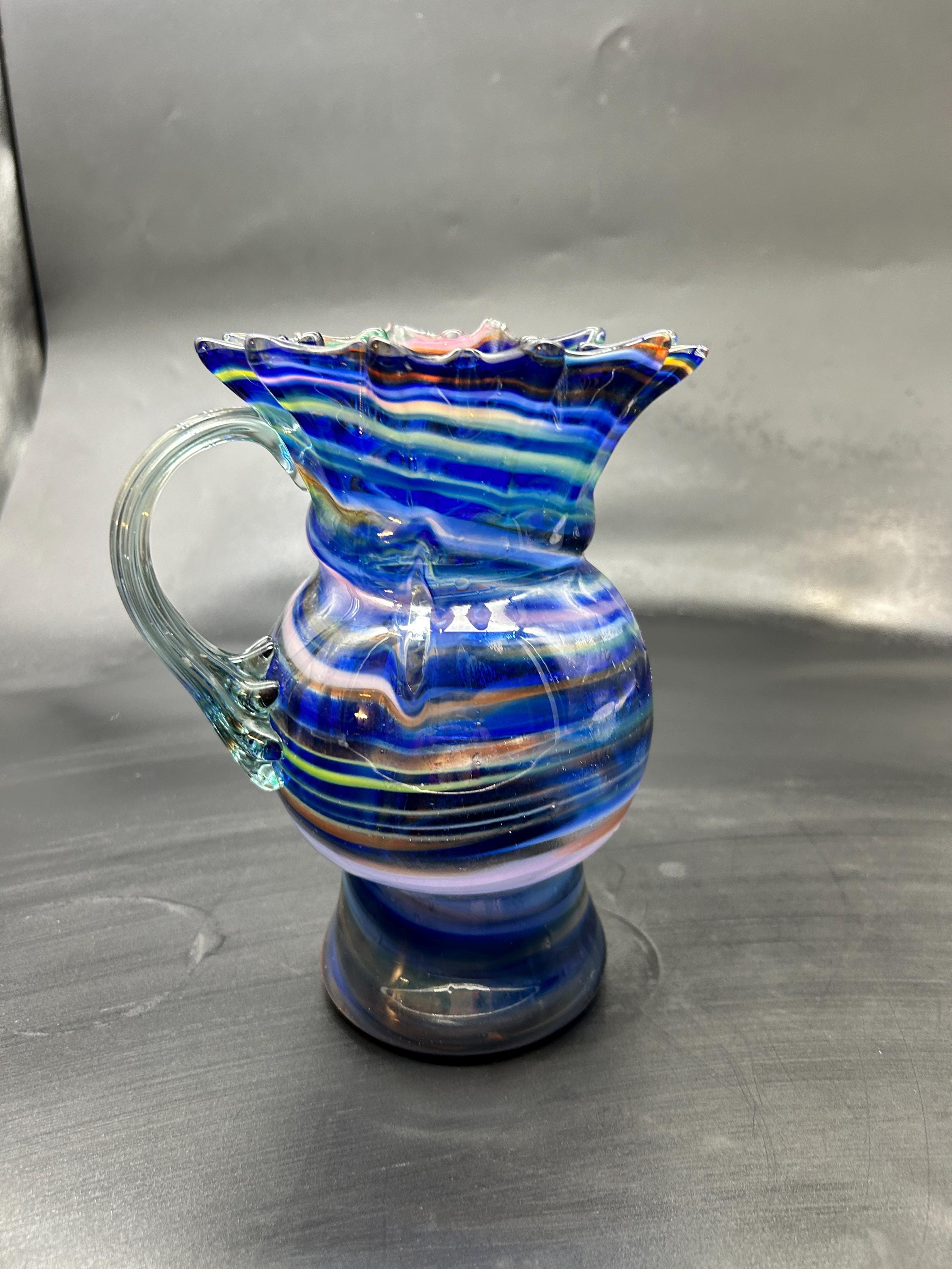 Vintage Hand Blown Art Glass Blue Swirl Striped Ruffled Pitcher