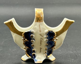 Antique Porcelain toothpick holder bud vase Iowa Souvenir Basket Gold Gilt
