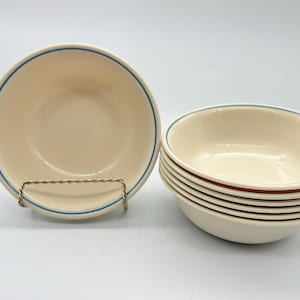 Set of 7 Vintage Corelle Beige Bowls with Blue Stripe