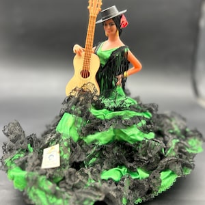 Vintage Spain Marin Chiclana Lola Montes Flamenco Dancer Green Lace Doll 12”