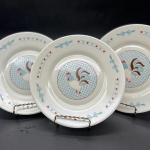 Vintage Set of Three Arcopal France 8 Inch Rooster Lunch Salad Dinner Plates Red White Blue Milk Glass