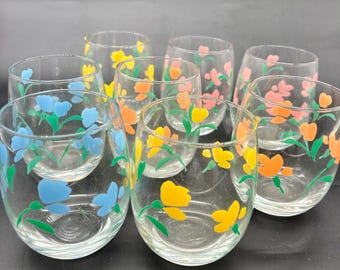 Vintage Libbey Rocks & Cooler Glasses Retro Pastel Floral Set of 8 NEW NOS
