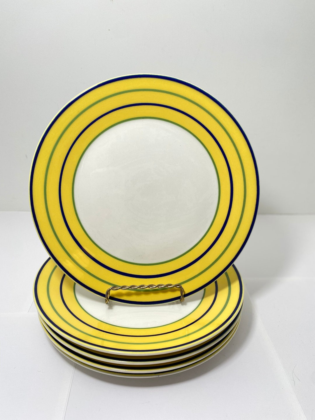 5 Pagnossin Treviso Ironstone Plates Italy Yellow Blue Green Stripes 8.