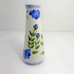 pretty stoneware bud vase blue green floral spongeware art 6&quot; chinoiserie sake