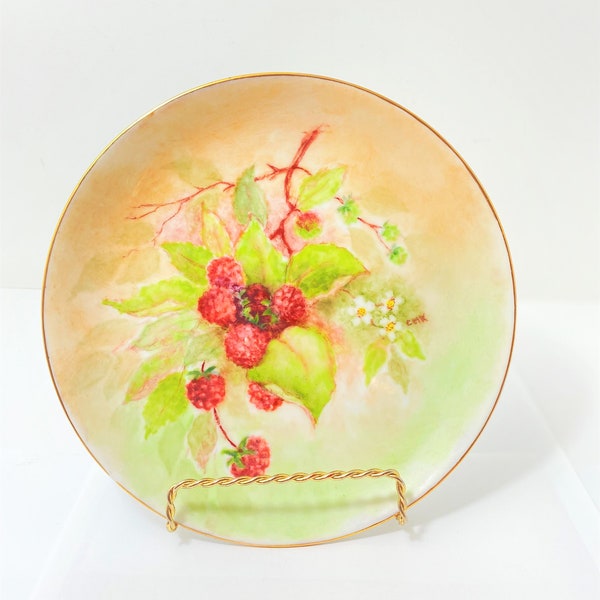 antique vintage Bavaria Plate Hand Painted raspberries Floral gold 7 1/2 signed