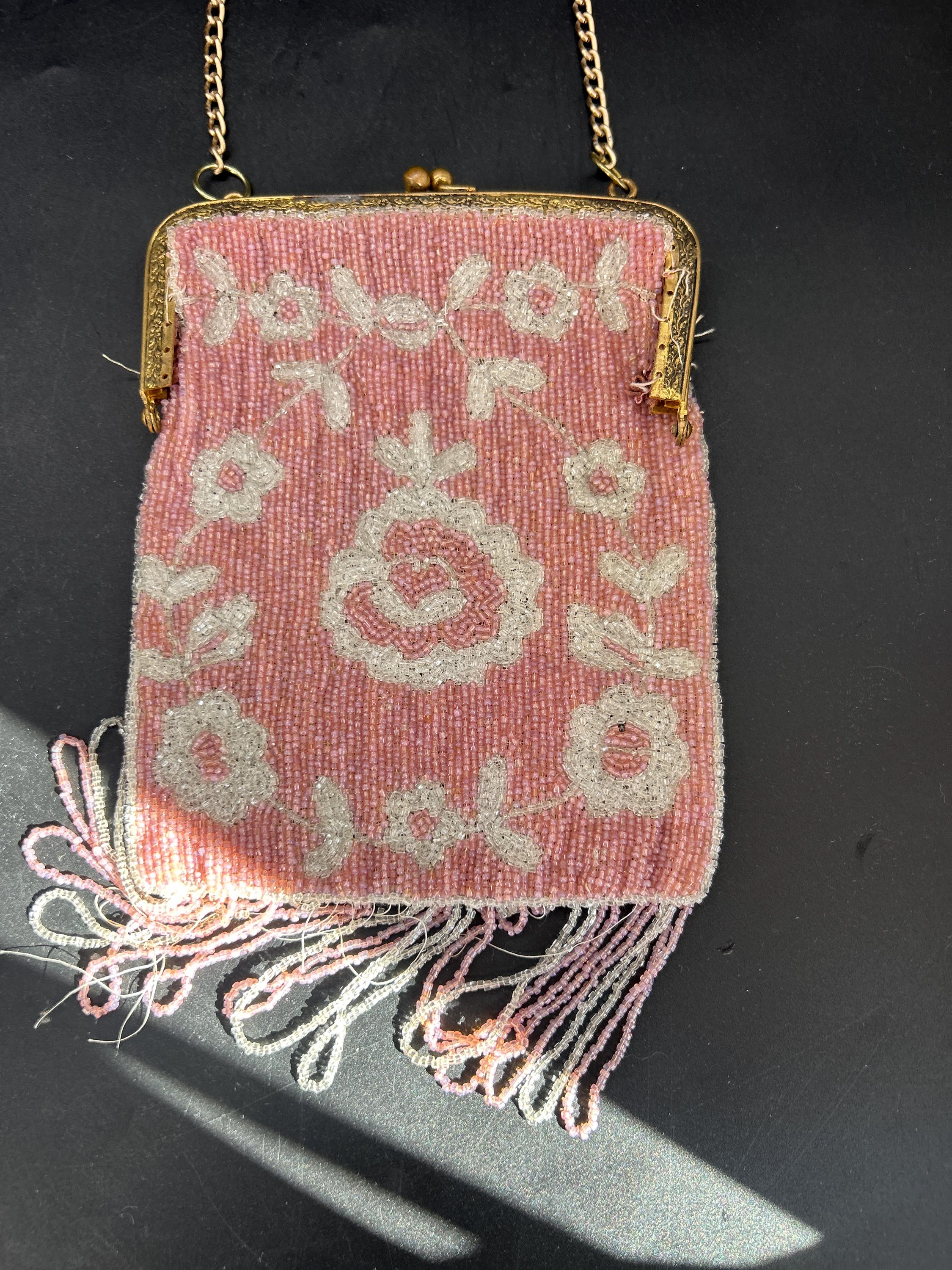 Antique Beaded Purse: Pink & White Floral Handbag With Fringe - Etsy
