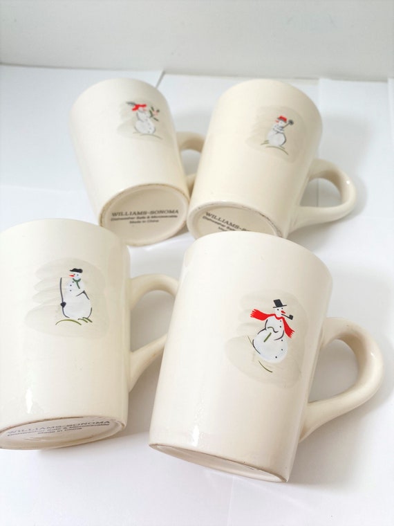 Set of 4 Adorable WILLIAMS SONOMA Snowman Snowmen Beige Coffee Tea Cup Mug  Christmas Santa 