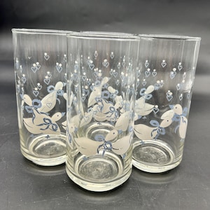4 Vtg Libbey Drinking Glasses Country White Goose Geese Duck Blue Ribbon Bow