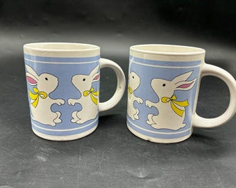 Vintage Bunny Rabbit Ceramic Mugs Set of 2 Whimsical Easter Coffee Cups WCL Spring Decor Animal Lover Gift Cottage Kitchen Retro