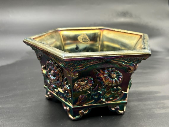 ★fenton　シュガーポット＆クリーマー　カクタスシリーズ　カーニバルガラス Vintage Fenton Carnival Glass Chrysanthemum Amethyst Hexagon