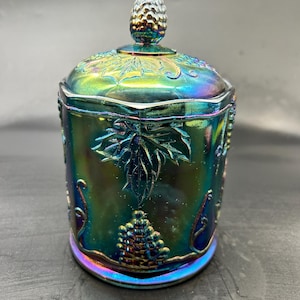 Vintage Indiana Carnival Glass 7” Iridescent Blue Grape Candy Jar Canister w Lid