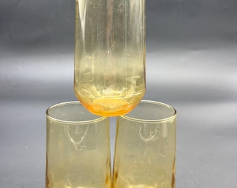 3 Anchor Hocking Amber Tumblers Vtg Optical Wavy Drink Retro Glasses Thumbprint