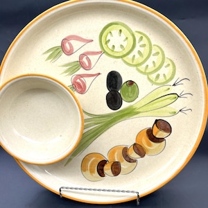 Vintage MCM Veggie Chip and Dip 13.5&quot; Stoneware Retro Los Angeles Potteries # 505