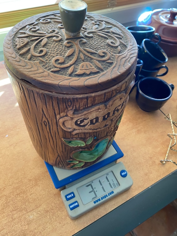 Vintage 60's Treasure Craft Green Apple on Wood Look Cookie Jar