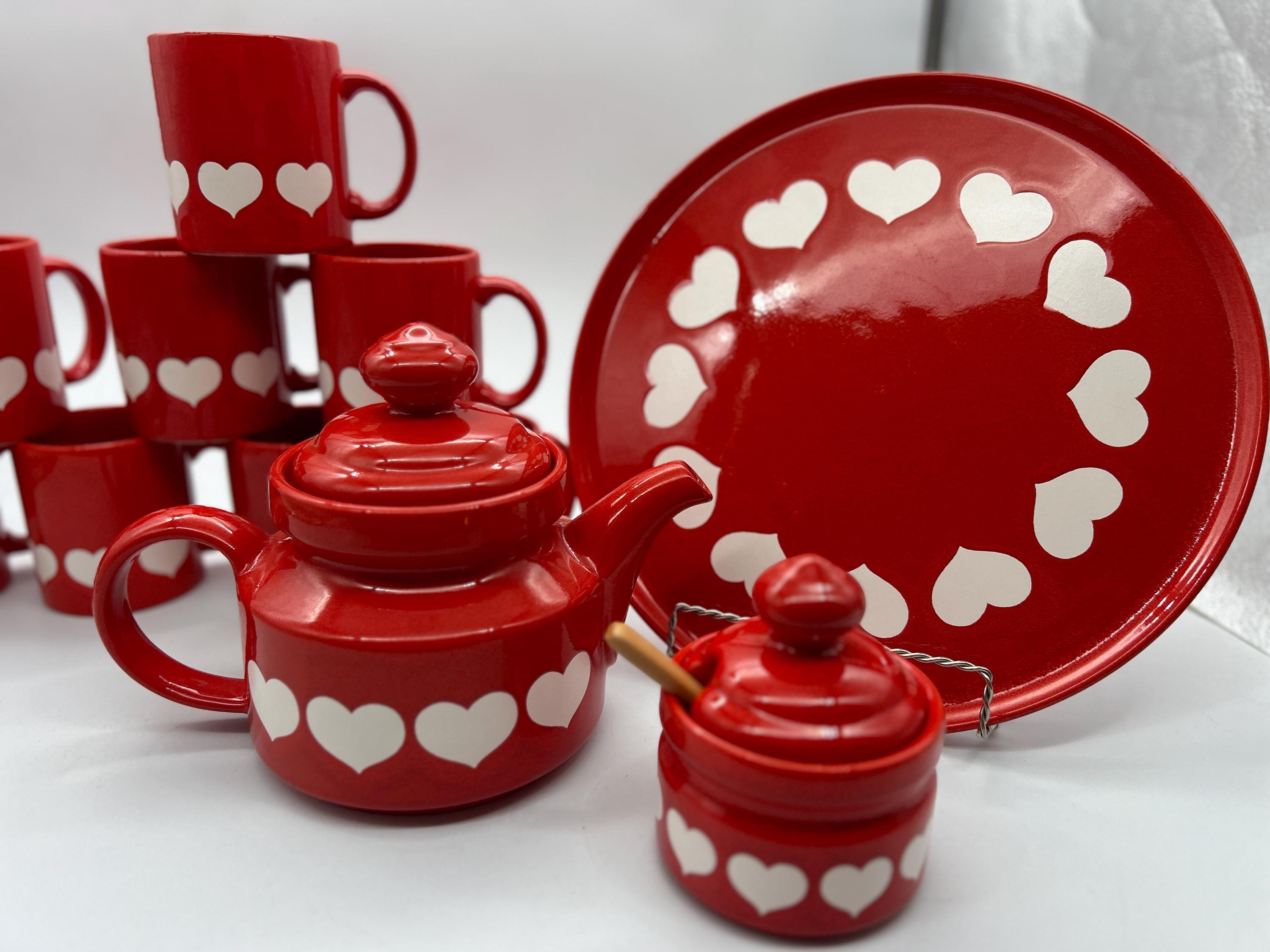 Waechtersbach Spain Germany Mugs Red & White Hearts Teapot Sugar