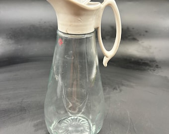 Vintage Log Cabin 26 OZ GLASS 9" Syrup Pitcher white plastic dispenser Lid Cap