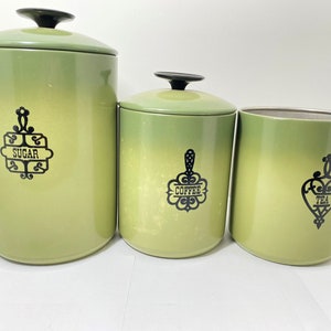 Vintage Set of 3 green ombre tin Westbend cannister set SUGAR COFFEE TEA McM