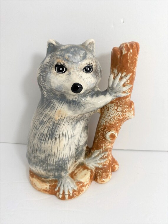 Vintage Mid Century Ceramic Raccoon on Log | Etsy