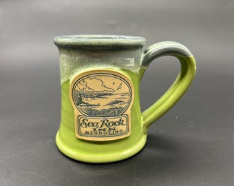 Deneen Pottery USA Hand Thrown Bright Green Glaze Sea Rock Inn Mendocino Mug Cup