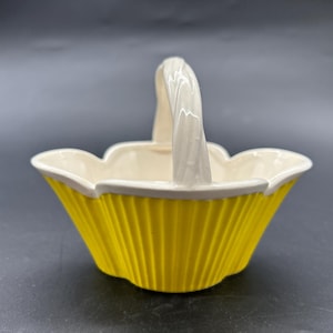 Vintage 1975 Fitz Floyd Yellow & White Ribbed Pattern FIT185 Basket Pottery