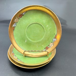 Wunderschönes Vintage Grün und Gold Lusterware FBK PMR Bavaria Jager & Co Untertassen 3er Set