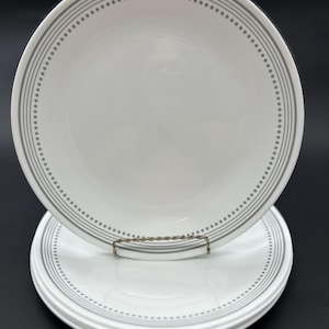 Set of 5 Corelle MYSTIC GRAY DINNER Plates 10.25&quot; Grey Lines Dots on White