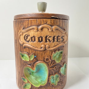 Vintage 60&#39;s Treasure Craft Manzana Verde En Madera Look Cookie Jar USA B182