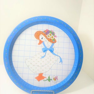 Vintage Goose blue ribbon Tray Treat Cookie 13&quot; Hong Kong Giftco cute hat country cottage farm shabby chic