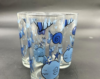 3 Vintage Blue Whales Ocean Seashell Drinking Glasses Tumblers 16 oz. Indonesia