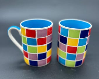 RARE Set 2 Whittard Of Chelsea Colourful Hand Painted Mugs Square Pattern Blue