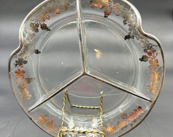 Vintage Sterling Silver Overlay Trim 3-Section Divided Relish Dish Glass Bowl Plate